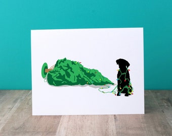 Funny Holiday Cards, Naughty Dog Christmas Card Pack featuring dog in Christmas Tree lights