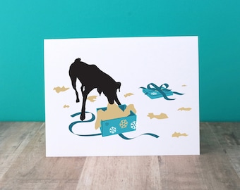 Holiday Card Pack, Funny Christmas Cards with dog ripping open gift box