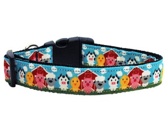 Farm Animal Friends Dog Collar, Dog Gift, Farmyard Animals Nylon Pet Collar, Pig Cow Chicken Sheep