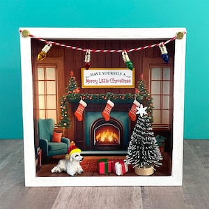 Dog Christmas Decor, Miniature Diorama, Festive Holiday Decoration, Vintage Style Mantel Décor, Christmas Host Gift, Gift for dog lover