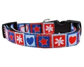 Stars, Hearts & Flowers Patriotic Dog Collar, Red White and Blue Nylon Pet Collar, Dog Gift