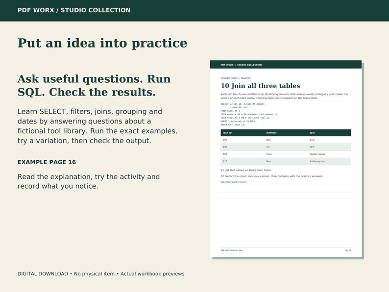 Actual page 16 from SQL Data Detective Lab: 10  Join all three tables.