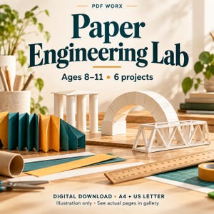 Op de afbeelding: Een digitale download getiteld Paper Engineering Lab voor 8-11 jarigen met 6 projecten. De afbeelding toont papieren modellen, waaronder een witte zuilenstructuur, een boogbrug, een vakwerkbrug en een in accordeon gevouwen strook papier.