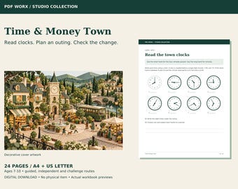 Fichas de trabajo sobre tiempo y dinero en formato PDF, actividades con relojes y compras para niños de 7 a 10 años.
