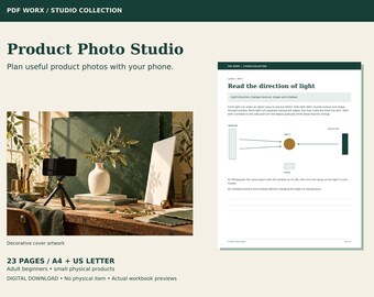 Cuaderno de trabajo de fotografía de producto en PDF, iluminación con smartphone y planificador de tomas para anuncios