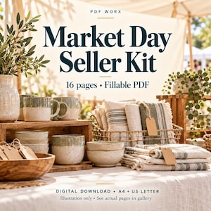 Könnte beinhalten: Ein digitaler Download mit dem Titel Market Day Seller Kit, 16 Seiten, ausfüllbares PDF, A4 und US Letter Formate. Das Bild zeigt Keramiktassen, Schalen und Textilien in einer Marktumgebung mit Textüberlagerungen wie PDF WORX und Download-Infos.