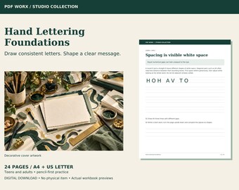 Cuaderno de caligrafía en PDF, práctica del alfabeto y proyectos de diseño.