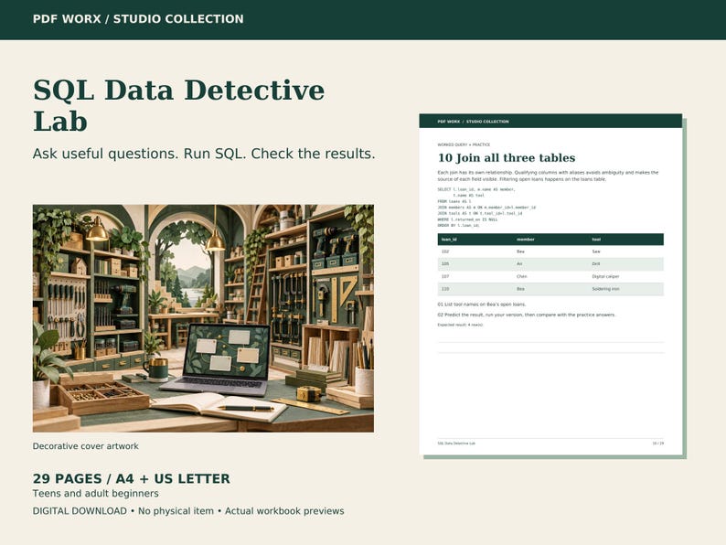 SQL Data Detective Lab printable workbook, 29 pages in A4 and US Letter. Original illustrated cover beside an actual activity page.