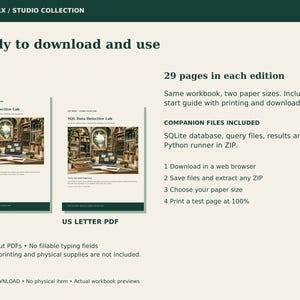Download contents for SQL Data Detective Lab: A4 and US Letter PDF editions, a start guide, and a companion ZIP.