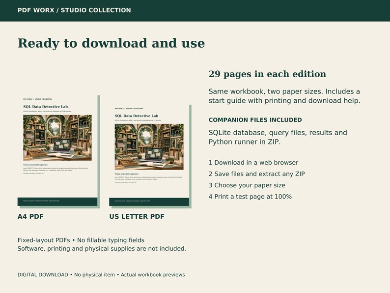 Download contents for SQL Data Detective Lab: A4 and US Letter PDF editions, a start guide, and a companion ZIP.