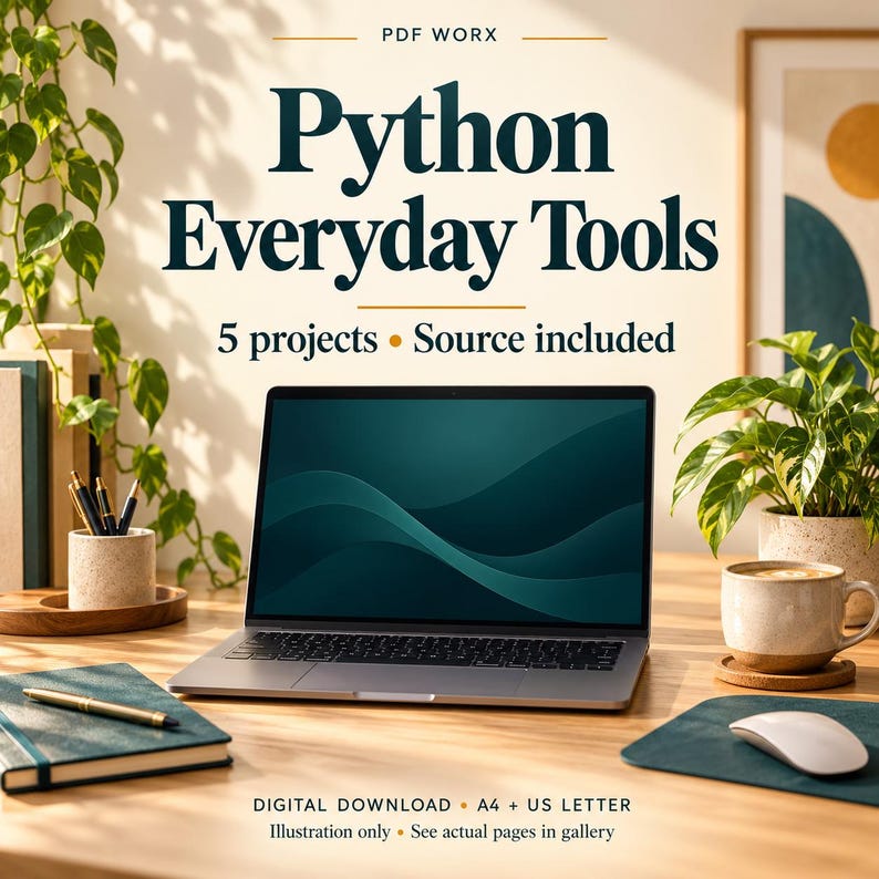 Promotional illustration for Python Everyday Tools, a digital download in A4 and US Letter. Decorative props are not included; actual pages follow in the gallery.