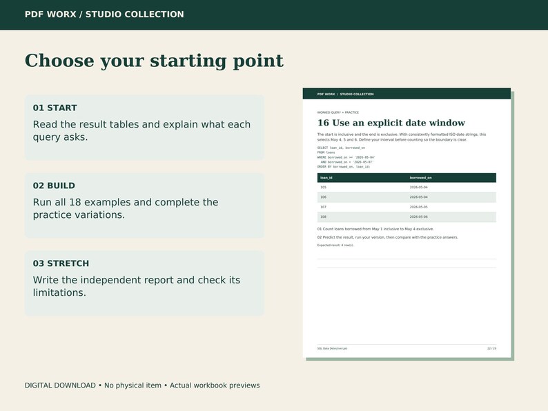 Three suggested learning routes for SQL Data Detective Lab, beside an actual workbook page.