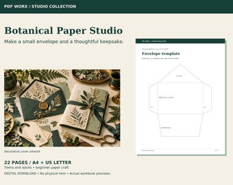 Kit de manualidades botánicas en papel (PDF), plantillas para sobres y carpeta de recuerdos.