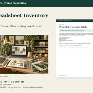 Pode incluir: Um livro de exercícios digital intitulado Spreadsheet Inventory Lab contendo 26 páginas nos formatos A4 e US Letter. O documento inclui texto instrutivo, exemplos de fórmulas e exercícios de gestão de inventário com um tema em verde e creme.