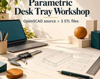 OpenSCAD Beginner Workbook PDF, Parametric Desk Tray with Source and Three STL Files