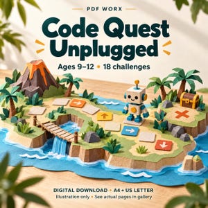 May include: A papercraft island game titled Code Quest Unplugged for ages 9-12 with 18 challenges. The scene features a volcano, palm trees, a wooden bridge over a blue waterfall, a small robot figure, and a treasure chest on a sandy path.