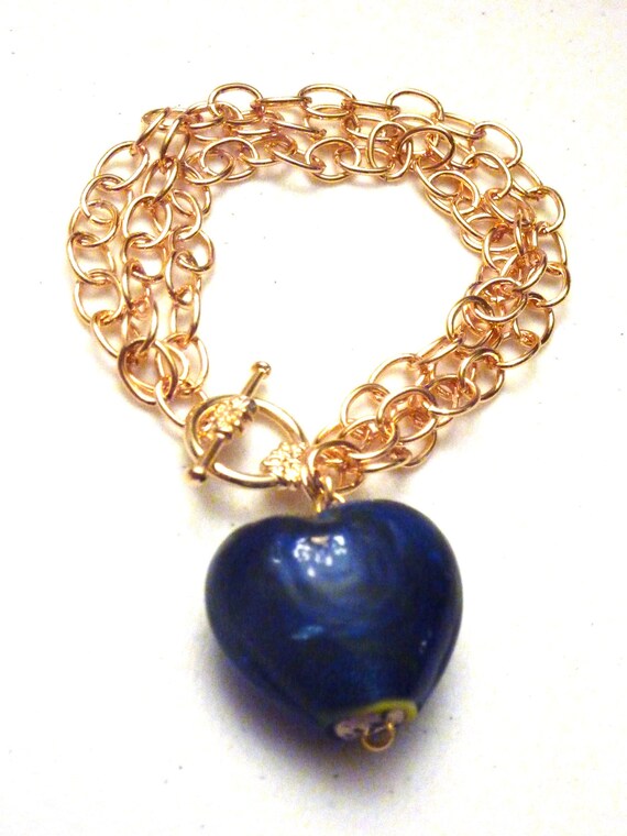 Gold Triple Strand Chain With Blue Glass Heart Charm Bracelet Etsy