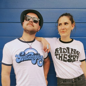 Gratianopolis - Cosmic Magma ringer white navy tee - 70s vintage inspired t shirt - unisex psychedelic