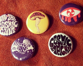 Cosmic Magma 3 little button pins of your choice ! badges vintage 60s 70s mushroom eye