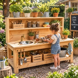 Peut inclure: Une cuisine de jeu en bois pour l'extérieur avec un évier, un robinet en laiton, des étagères et des caisses de rangement. L'ensemble comprend des ustensiles, des plantes en pot et un tableau noir avec l'inscription Little Chefs Big Adventures.