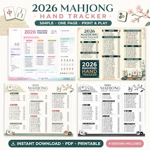 May include: A digital 2026 Mahjong hand tracker set featuring four distinct printable page designs. Each layout includes organised sections for tracking game statistics, session details, and specific Mahjong hand combinations with clear text labels.