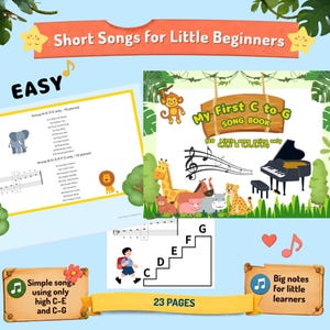 May include: A digital songbook titled Short Songs for Little Beginners and My First C to G Song Book. The pages feature illustrations of a monkey, giraffe, pig, hippo, and leopard, a grand piano, musical notes, and a staircase labeled C to G.