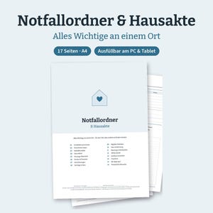 Peut inclure: Un modèle numérique de classeur d'urgence et de dossier de maison avec une couverture bleu clair, une icône de maison et un cœur. Le texte indique Notfallordner & Hausakte, Alles Wichtige an einem Ort, 17 Seiten, A4, Ausfüllbar am PC & Tablet.
