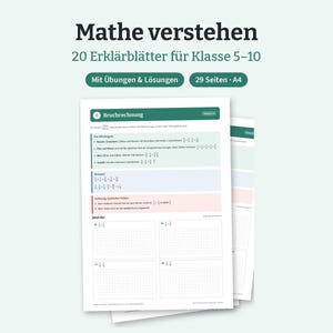 May include: A stack of educational worksheets titled Mathe verstehen, 20 Erklärblätter für Klasse 5-10, Mit Übungen & Lösungen, 29 Seiten A4. The top sheet features a section on Bruchrechnung with green, blue, and red color-coded boxes containing math rules, examples, common errors, and blank grid spaces for practice problems.