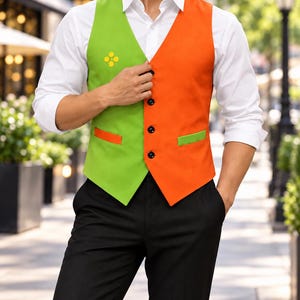 May include: A color-blocked vest featuring a lime green right side and an orange left side, worn over a white long-sleeved button-down shirt and black trousers. The vest has four dark buttons, two welt pockets with contrasting trim, and a yellow four-dot emblem on the chest.