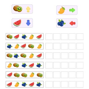 Pode incluir: Uma folha de exercícios educativa imprimível intitulada DIRECTION COLOR CODING GAME, apresentando uma chave com ícones de frutas emparelhados com setas direcionais e sete linhas de sequências de frutas para completar com caixas vazias.
