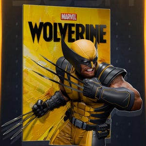 Peut inclure: Une affiche murale 3D représentant le personnage Marvel Wolverine dans un costume jaune et noir avec ses griffes en métal étendues. Le fond est une surface jaune texturée avec le texte Marvel Wolverine et Wall Posters.