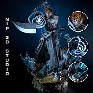 May include: A detailed anime-style figurine of a character with spiky orange hair, glowing blue eyes, and blood-like markings on the face. The figure wears a dark, tattered outfit and wields a large blade. Text on the left reads NIP 3D STUDIO.
