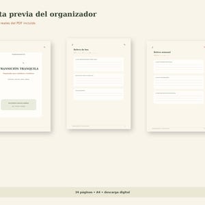 May include: Three digital planner pages on a cream background. The first page is titled TRANSICIÓN TRANQUILA. The second page is titled Relevo de hoy with lined sections. The third page is titled Relevo semanal with lined sections. Text includes Vista previa del organizador and 34 páginas A4 descarga digital.