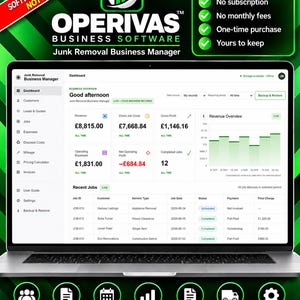 May include: A laptop screen displaying the Operivas Business Software dashboard for junk removal management. The interface shows financial metrics in British pounds, a revenue chart, and a list of recent jobs including customer names and statuses.