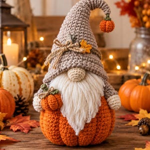 Virkat pumpa-tomte-amigurumimönster | Höst-Halloween-dekor (PDF)
