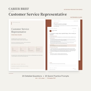 Op de afbeelding: Een digitale interviewgids voor een klantenservicemedewerker genaamd Career Brief. Het document bevat 20 gedetailleerde vragen en 20 snelle oefenopdrachten, inclusief een scenario over een boze klant, opgemaakt voor A4 en US Letter-afdrukken.
