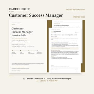 Peut inclure: Un document numérique intitulé Career Brief Studio Customer Success Manager Interview Guide. Les pages présentent du texte noir sur fond blanc, incluant 20 questions détaillées, 20 exercices rapides et un calendrier de processus pour formats A4 et US Letter.