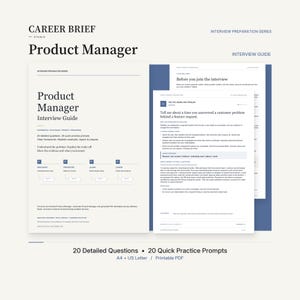 May include: A Product Manager interview guide document featuring the text Career Brief Studio, Product Manager, and Interview Preparation Series. The layout includes sections for Discover, Prioritize, Align, and Learn, with 20 detailed questions and 20 quick practice prompts in a printable PDF format.