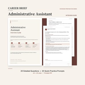 Può includere: Una guida digitale al colloquio per assistenti amministrativi intitolata Career Brief Studio. Il documento contiene 20 domande dettagliate, 29 spunti di pratica rapida e schemi chiari. Disponibile in formato PDF stampabile A4 e US Letter.