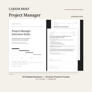 Op de afbeelding: Een interviewgids voor projectmanagers met de tekst Career Brief Studio, Project Manager en Interview Preparation Series. De witte pagina's bevatten 20 gedetailleerde vragen, 20 snelle prompts, duidelijke kaders en een projectplandiagram.