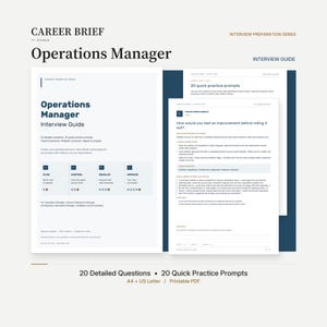 Può includere: Una guida al colloquio per Operations Manager intitolata Career Brief Studio. Il documento presenta sezioni su flusso, controllo, risoluzione e miglioramento, includendo 20 domande dettagliate e 20 esercizi rapidi in formato A4.
