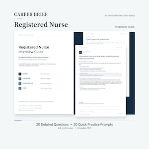 Könnte beinhalten: Ein Interview-Leitfaden für examinierte Pflegekräfte von Career Brief Studio. Das Dokument enthält 20 detaillierte Fragen und 20 Übungsaufgaben, einschließlich Abschnitten zu Beurteilung, Priorisierung, Kommunikation und Patientenversorgung.