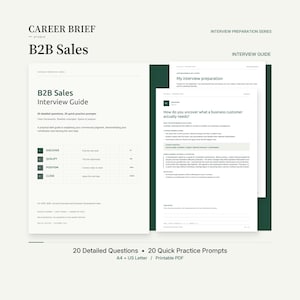 Puede incluir: Una guía de entrevista de ventas B2B que presenta el texto Career Brief Studio, B2B Sales Interview Guide, 20 detailed questions, 20 quick practice prompts y secciones etiquetadas como Discover, Qualify, Position y Close en papel blanco.