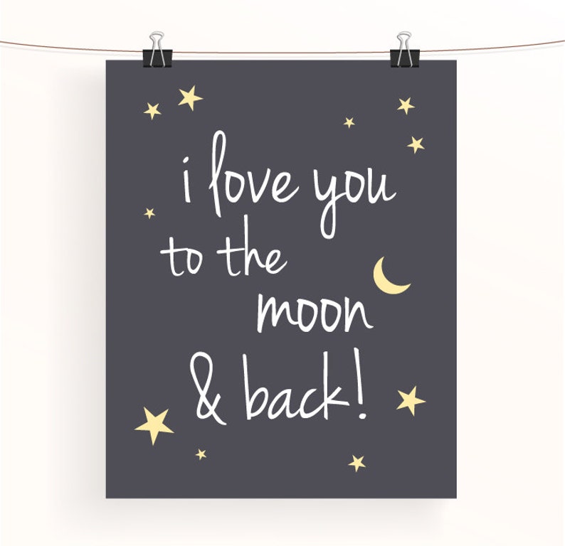 To The Moon And Back White on Grey Typography Nursery Print Baby Bedroom Art