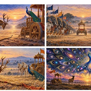 Op de afbeelding: Een digitale illustratie in vier panelen met een gouden strijdwagen, een hert en een pauw. De scènes tonen een landschap bij zonsopgang met olifanten, paarden en een pauw met een uitgewaaierde staart met een sterrenstelselpatroon.