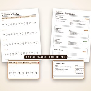 May include: Two printed sheets featuring a 52 Weeks of Coffee tracker and an Espresso Bar Basics recipe guide. The tracker includes a color key and rows of coffee cup icons. The recipe guide lists instructions for lattes and cappuccinos.