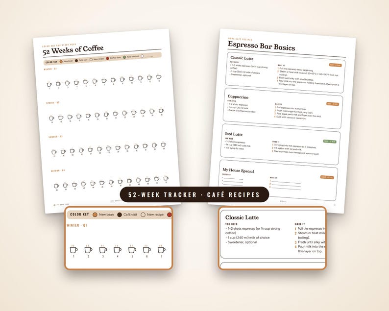 May include: Two printed sheets featuring a 52 Weeks of Coffee tracker and an Espresso Bar Basics recipe guide. The tracker includes a color key and rows of coffee cup icons. The recipe guide lists instructions for lattes and cappuccinos.