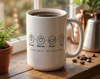 May include: A white ceramic mug filled with dark coffee, featuring a black graphic print of four steps: Grind, Bloom, Pour, and Sip, with the text REPEAT DAILY · NO EXCEPTIONS printed below the icons on the front of the mug.