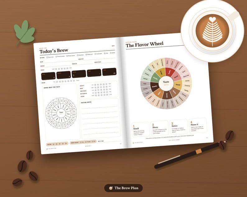 May include: An open coffee tasting journal featuring a Today's Brew log on the left page and a color-coded Flavor Wheel on the right page. The journal includes sections for tasting notes, sensory steps, and a circular flavor chart for coffee analysis.