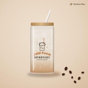 Iced Coffee Lover Gift, Cold Foam Enthusiast Glass Cup, 16oz Can Glass with Bamboo Lid and Straw, Cute Iced Latte Cup image 1